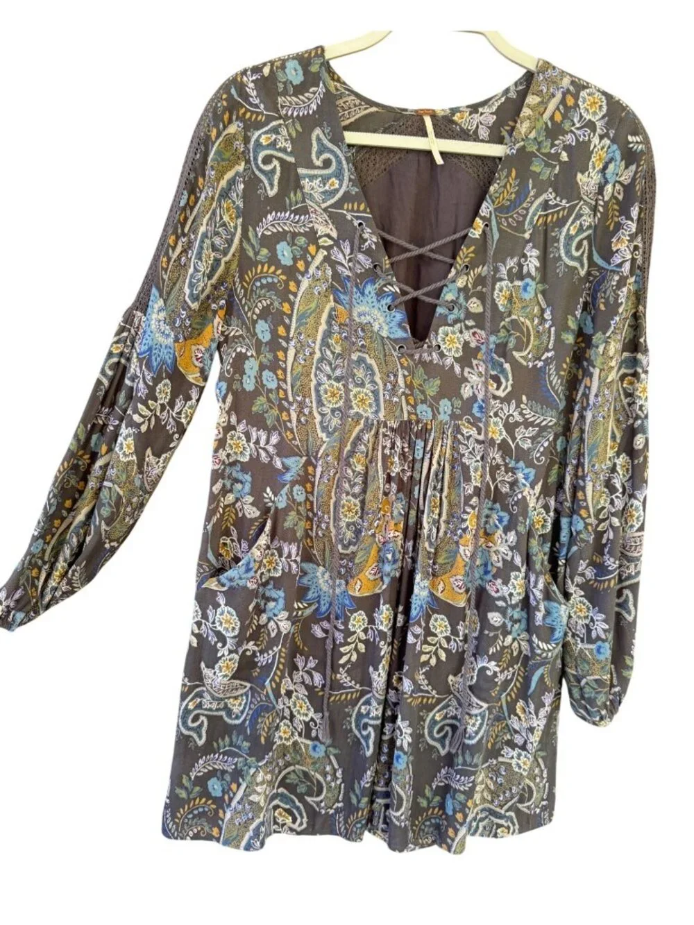 Free People Rain Or Shine Paisley Lace Up Boho Tunic Dress Pockets Size Small